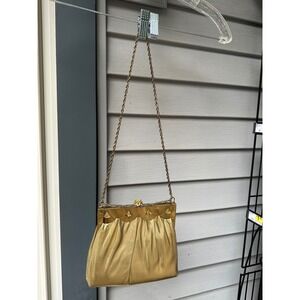 Vintage HL USA Gold Metallic Scalloped Evening Bag Rhinestone Clasp Coin Purse